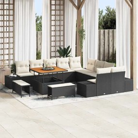 Conjunto de Sofá de Jardim vidaXL de 13 peças com Almofadas Preto Poliratan Acácia