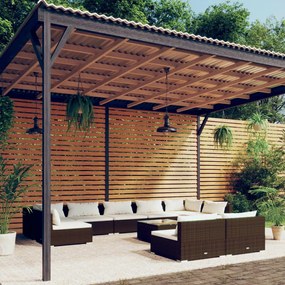vidaXL 10 pcs conjunto lounge de jardim c/ almofadões vime PE castanho