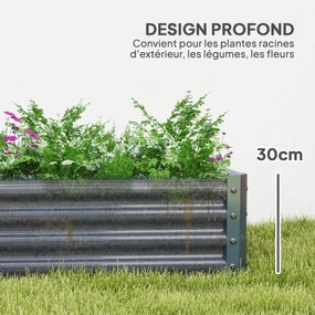 Floreira retangular, floreira elevada em aço galvanizado, fundo aberto, 180 x 90 x 30 cm, cinzento prateado