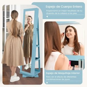 Espelho giratório 360° para joias com espelho de corpo inteiro Organizador de joias com espelho para maquilhagem 39 x 39 x 161 cm Azul