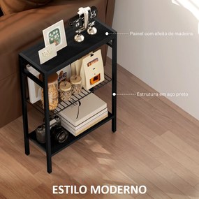 Mesa Auxiliar Estreita de 3 Níveis Mesinha Auxiliar Industrial com Prateleiras Abertas e Estrutura de Aço  43x18x62,5 cm Preto