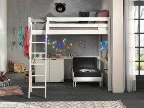 Cama alta de Criança PINO 140 x 200 cm + estrado + escada + armário com 2 portas + sofá-cama Branca