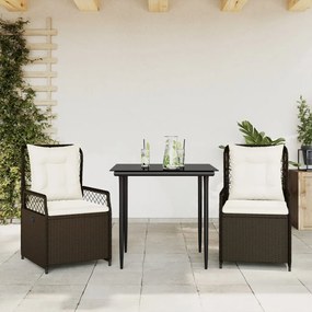 3 pcs conjunto jantar p/ jardim c/ almofadões vime PE castanho