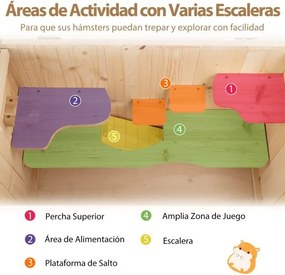 Gaiola de madeira para hamsters com tampa de malha rebatível, várias áreas para escalar, rampa, painel acrílico, porta com fechadura castanha