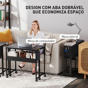 Secretária Dobrável com Rodas Prateleira e Bolso de Armazenamento Ideal para Espaços Pequenos 80x50x75 cm Preto