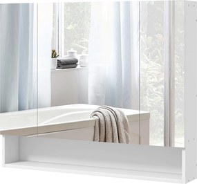 Armário de parede para casa de banho com espelho, com 3 portas espelhadas, prateleiras ajustáveis, 90 x 15 x 75 cm, branco