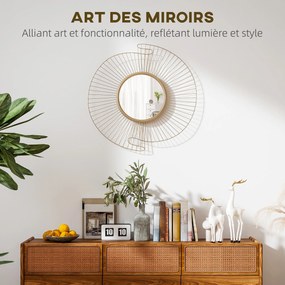 Espelho decorativo redondo de 60 cm com fixação de 360°, decoração de parede moderna em metal com detalhes plissados, dourado