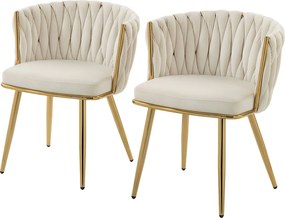 Conjunto de 2 cadeiras de sala de jantar e de cozinha, estofadas a veludo, com encosto trançado e braços, cor creme
