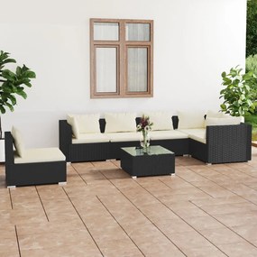 vidaXL 7 pcs conjunto lounge de jardim c/ almofadões vime PE preto