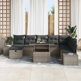 Conjunto de Sofá de Jardim com 9 Peças e Almofadas Cinza em Polyrattan