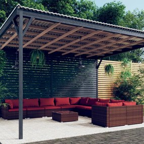 vidaXL 11 pcs conjunto lounge jardim c/ almofadões vime PE castanho