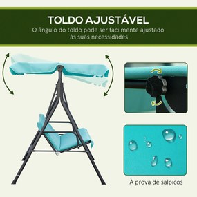 Baloiço de Jardim de 3 Lugares com Teto Ajustável e Estrutura de Aço Suporta até 240 kg 172x110x153 cm Verde Azulado