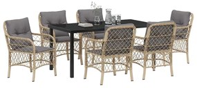 Conjunto de Jantar de Jardim com 7 Peças e Almofadas Beiges em Rattan