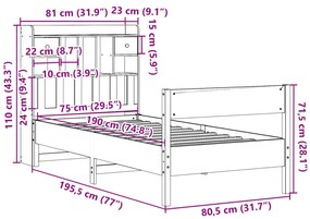 Cama com estante sem colchão 75x190cm pinho maciço castanho-mel