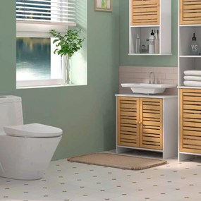 Móvel para Lavatório Moderno com Portas Magnéticas de Bambu e Estante Ajustável 60x30x60 cm Branco e Madeira