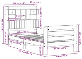 Cama c/ estante sem colchão 100x200cm pinho maciço castanho-mel