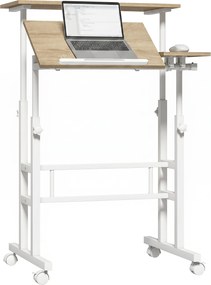 Secretária para trabalhar sentado ou em pé, ajustável em altura, 70 x 60 cm, com rodas, tampo inclinável e estrutura em metal castanho, branco