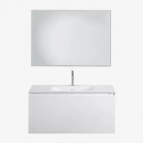 Conjunto De Móvel De Casa De Banho Suspenso Em Madeira Com Lavatório Integrado Macrae Branco & Led Retangular E Anti-embaciamento 100x70 Cm Riben & Ci