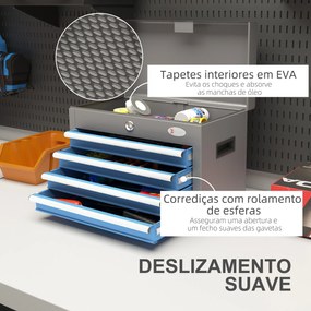 Caixa de Ferramentas Metálica com 4 Gavetas Bandeja Superior Fecho e Pegas Laterais 45x24,5x32,5 cm Cinzento e Azul