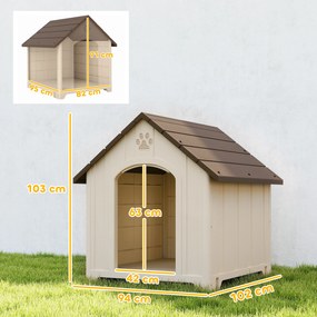 Casota para Cães Exterior Extragrande em Plástico com 2 Janelas, Base Elevada e Estacas Bege