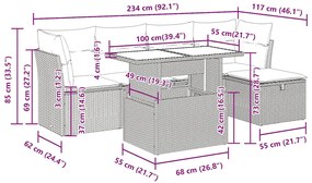 6 pcs conjunto de sofás p/ jardim com almofadões vime PE bege