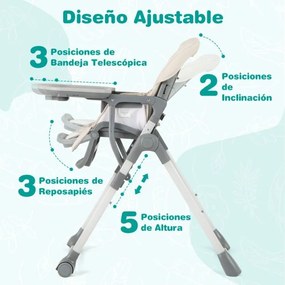 Cadeira alta Refeição dobrável para bebés e crianças pequenas ajustável com apoio para os pés Almofada de assento em PU fácil de limpar Bege