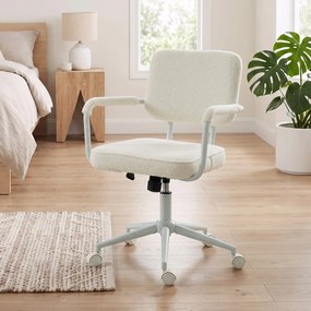 Cadeira de escritório ergonómica, cadeira de escritório em tecido bouclé com altura ajustável, função de balanço, creme
