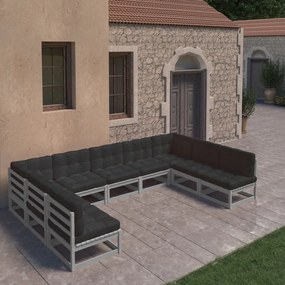9pcs conjunto lounge de jardim c/ almofadões pinho maciço cinza