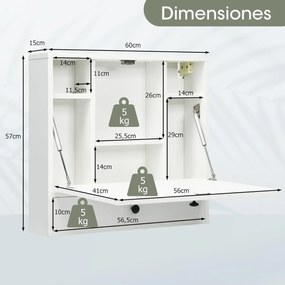 Secretária dobrável de parede com prateleira 60 cm x 15 cm x 57 cm, gaveta e tampo rebatível multiusos para escritório, quarto ou sala Branco