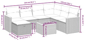 8 pcs conjunto sofás de jardim c/ almofadões vime PE cinzento