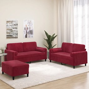 vidaXL 3pcs conj. sofás c/ almofadas/almofadões veludo vermelho tinto
