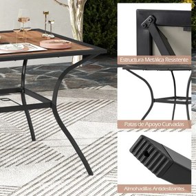 Mesa de jantar de jardim para 4 pessoas quadrada com orifício ajustável para guarda-sol e tampo de imitação madeira