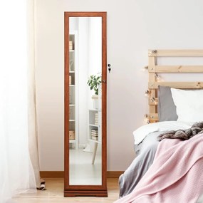 Armário para joias 39×39×161cm com espelho corpo inteiro para joias com prateleiras com fechadura giratória de 360° Castanho