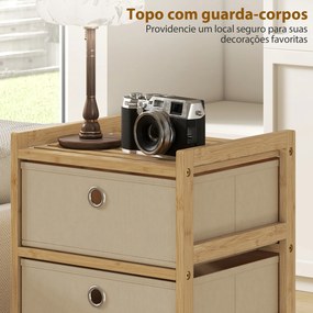 Cómoda com 5 Gavetas em Tecido, Estrutura de Bambu, Ideal para Espaços Pequenos, Creme e Madeira