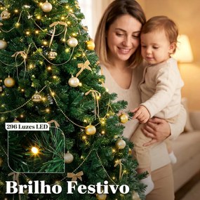 Árvore de Natal Decorativa 230 cm com 296 LED 1405 Ramos Ignífugos Estrela 42 Bolas 30 Laços e Decoração Dourada Verde