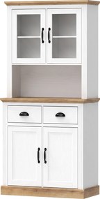 HOMCOM Buffet Alto para Cozinha, Armário de Cozinha, 4 Portas sendo 2 em Vidro, 2 Gavetas, Bancada, Prateleiras Reguláveis, Branco | Aosom Portugal
