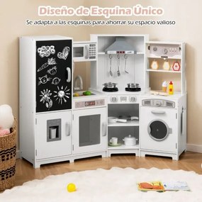 Cozinha de brinquedo de madeira com luzes e sons com quadro negro e acessórios de cozinha para crianças 131 x 47 x 92 cm branco