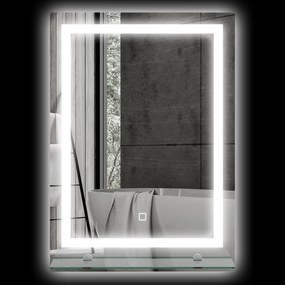 Espelho de parede LED para casa de banho 50 x 70 cm com prateleira integrada, 3 cores, luminosidade ajustável e interruptor tátil prateado