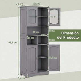 Armário de Casa de Banho, 60 x 30 x 148,5 cm, Portas de Vidro Fosco, Cinzento