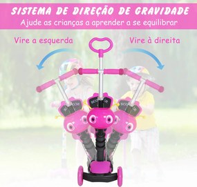 Trotinete 5 em 1 para Crianças com 3 Rodas Assento Removível e Guiador Ajustável Carga Máxima 50 kg 62x25x72,5 cm Rosa