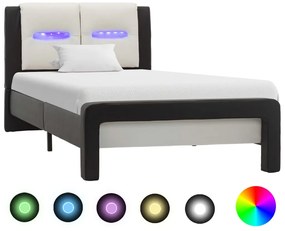 vidaXL Estrutura cama c/ LEDs 90x200 cm couro artificial preto/branco