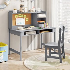 Conjunto de secretária e cadeira infantil em madeira com prateleira de cortiça, estação de computador para quarto, escola, Cinzenta
