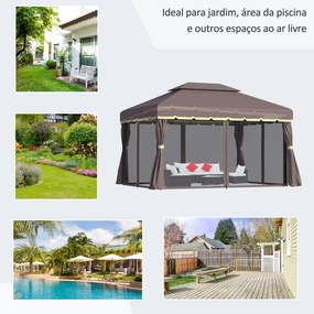 Pérgola de Jardim 3,9x2,9m de Alumínio com Teto de Ventilação 4 Cortinas Laterais Tela Mosquiteira e 8 Orifícios de Drenagem para Exterior Pátio Festa