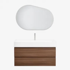Conjunto De Móvel De Casa De Banho Suspenso Em Madeira E Folha De Freixo Com Lavatório Integrado Ona Oval Led E Anti-embaciamento 100x80 Cm Riben & Ma