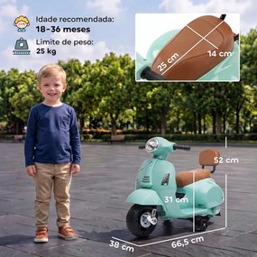 Mota Elétrica Infantil 6V para crianças 18-36 meses Mini Vespa GTS com 2 Rodas Auxiliares, Bateria de Lítio, Farol, Buzina e Encosto, Verde