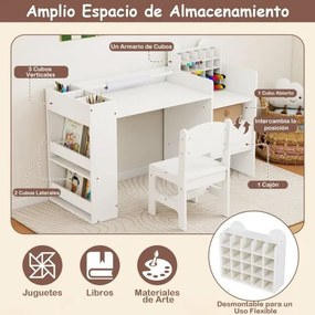 Conjunto de mesa e cadeira para arte infantil com suporte removível para rolo de papel e armário cubo branco