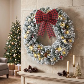 Coroa de Natal para Porta com Efeito Nevado, 50 Luzes LED, Pinhas, Bagas e Laço Festivo para Lareira, Parede ou Janela