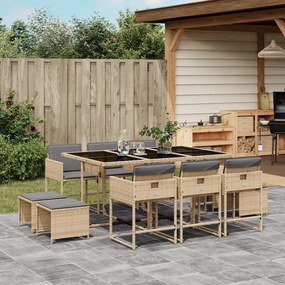 vidaXL 11 pcs conj. jantar jardim c/ almofadões vime PE bege misturado