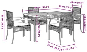 5 pcs conjunto de jantar p/ jardim c/ almofadões vime PE preto