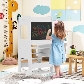 Banco de cozinha para crianças Torre de pé com quadro de actividades, altura ajustável e grade de segurança em madeira Branco